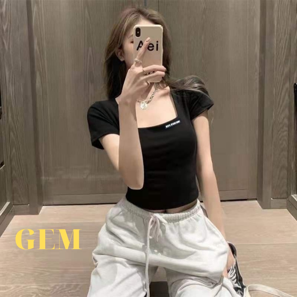 Áo croptop tay ngắn cổ vuông chất thun tăm co giãn tốt , áo thun nữ kiểu hàn quốc