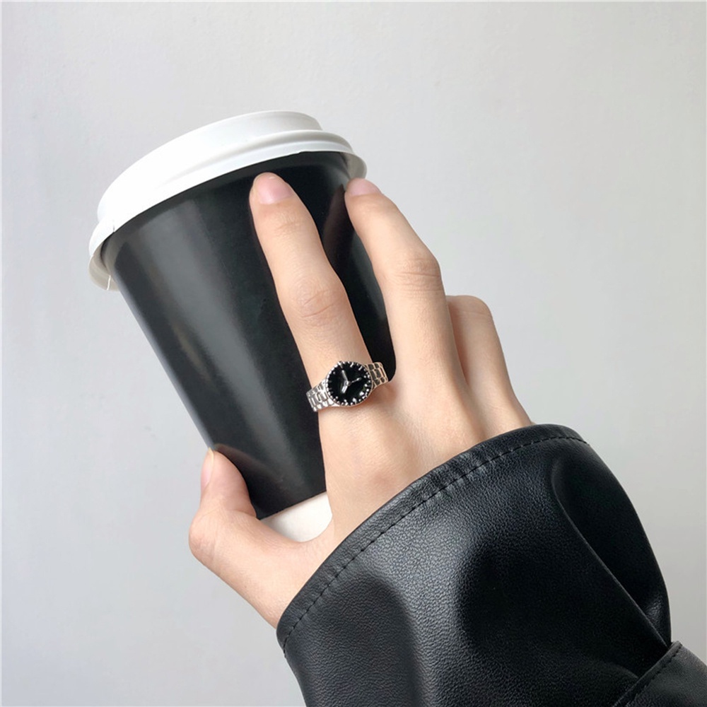 Nhẫn đeo ngón tay thiết kế dạng đồng hồ mạ bạc phong cách hip hop đơn giản thời trang dành cho nữ