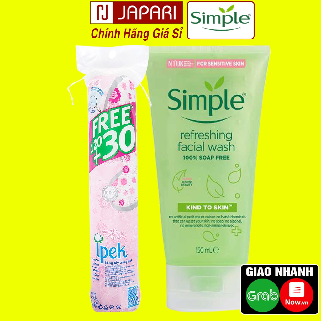 Combo Simple Sữa Rửa Mặt Cho Da Nhạy Cảm, Dầu Mụn Nam Nữ + Bông Tẩy Trang Ipek 130 Miếng Srm CHÍNH HÃNG Skincare JAPARI