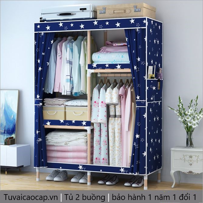 tủ vải khung gỗ 2 buồng Cực Tiện Lợi có bảo hành để quần áo