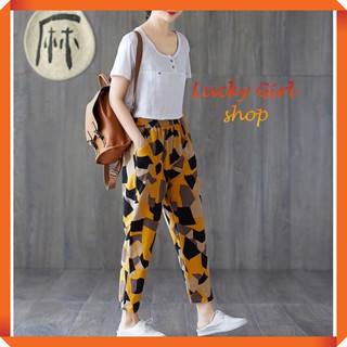 [CÓ BIG SIZE] Quần Dài Vải Linen Họa Tiết Bắt Mắt, Lưng Thun, Phong Cách Hàn Quốc - Lucky Girl shop NHA TRANG