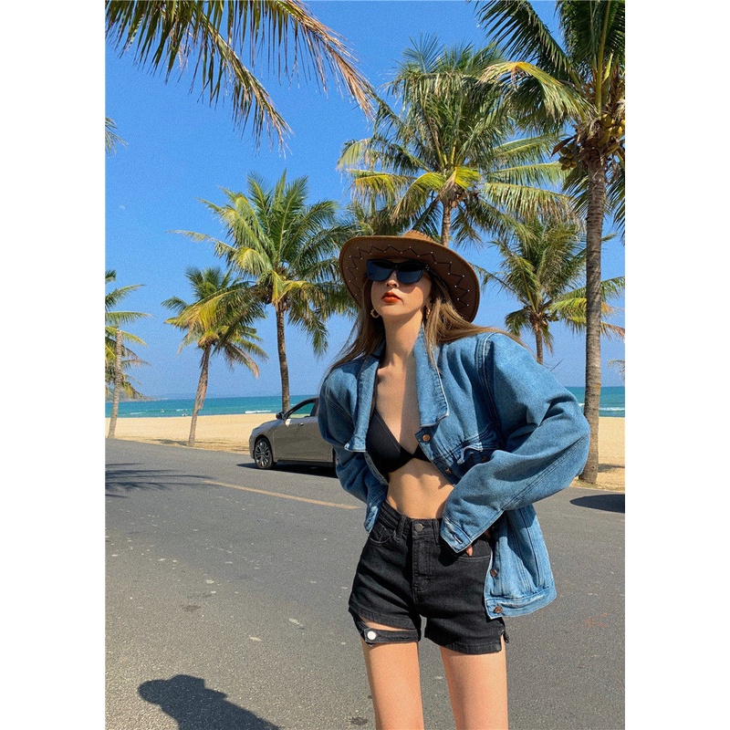 Cocory vn Quần short denim Lưng Cao Dáng Chữ A Thiết Kế Mới Mùa Hè Cho Nữ