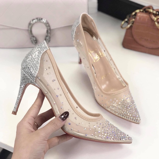 Louboutin đính đá phối lưới cao 7p