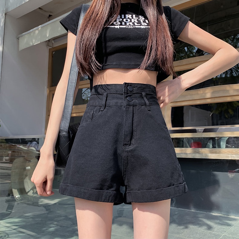 Quần Short Denim Lưng Cao Ống Rộng Theo Phong Cách Retro Hàn Quốc