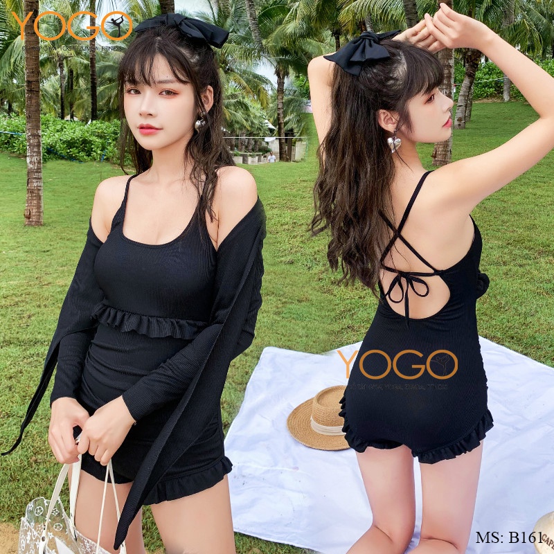 Bộ Đồ Bơi Bikini Nữ Hai Mảnh Liền Thân Tay Dài Nhúm Eo Trẻ Trung Phong Cách Hàn Quốc Mặc Đi Bơi Đi Biển YOGO B161