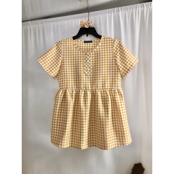 Áo babydoll caro vàng xinh xắn tặng kèm scrunchie cùng màu