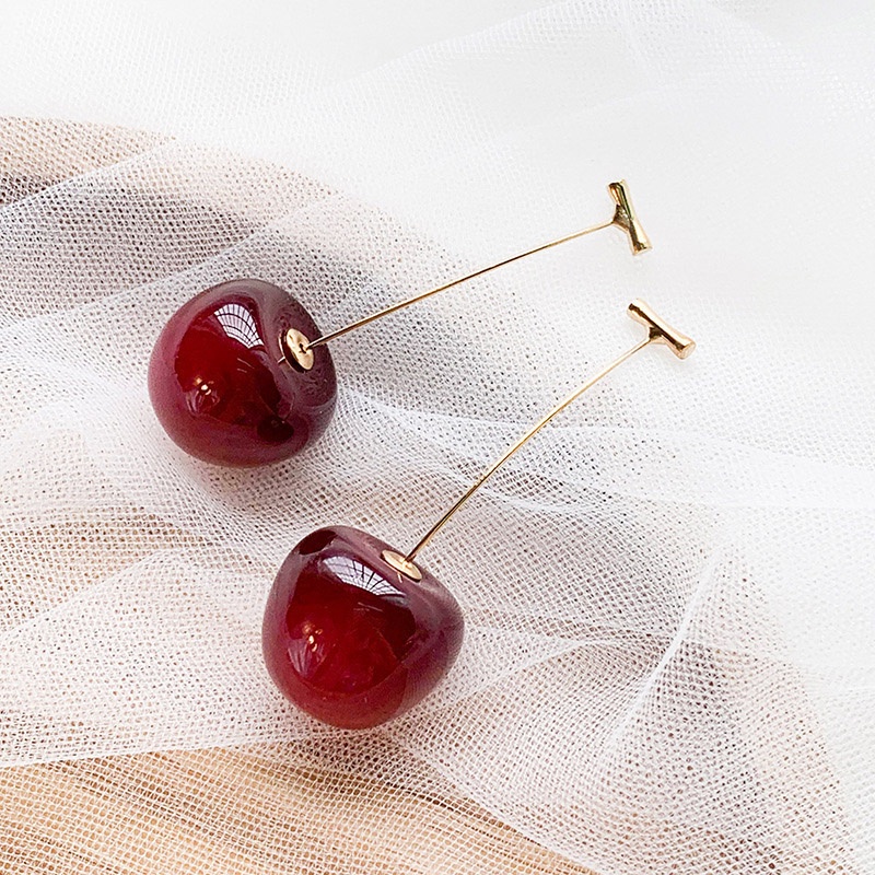 Khuyên Tai Hình Trái Cherry Màu Đỏ Rượu Vang Đỏ Bằng Nhựa Resin Dễ Thương Dành Cho Bạn Gái