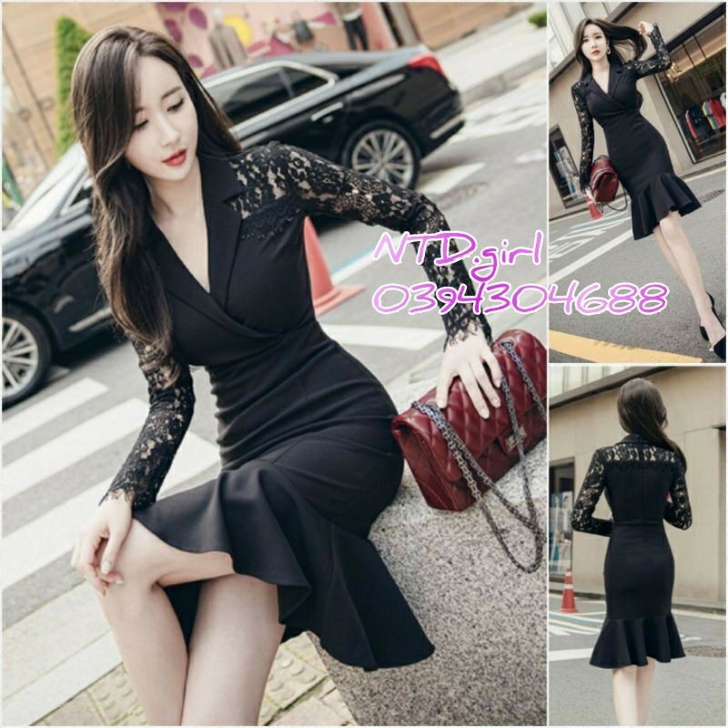 Đầm vest ôm tay ren đuôi cá, váy body công sở sang trọng - DTH