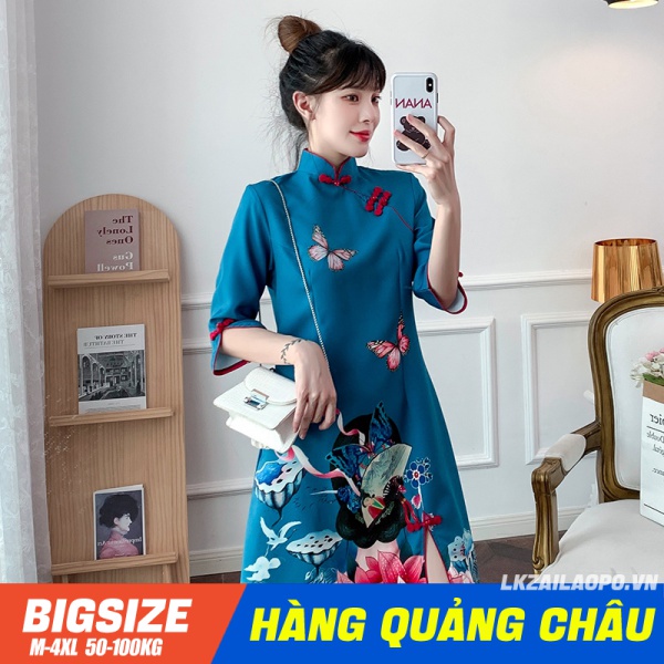 BIGSIZE nữ 45-100kg Đầm sườn xám dáng ôm in hình bướm phong cách Retro- Váy sườn xám cách tân sang chảnh cá tính xinh đẹp - cho người mập béo - Áo Dài Cách Tân