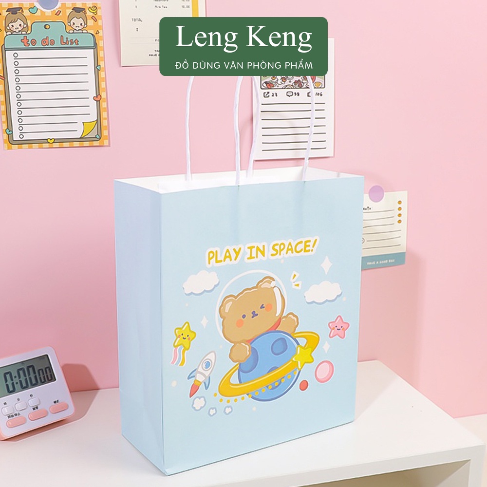 Túi mini kraft giấy quai xách văn phòng phẩm Leng Keng đựng quà tặng