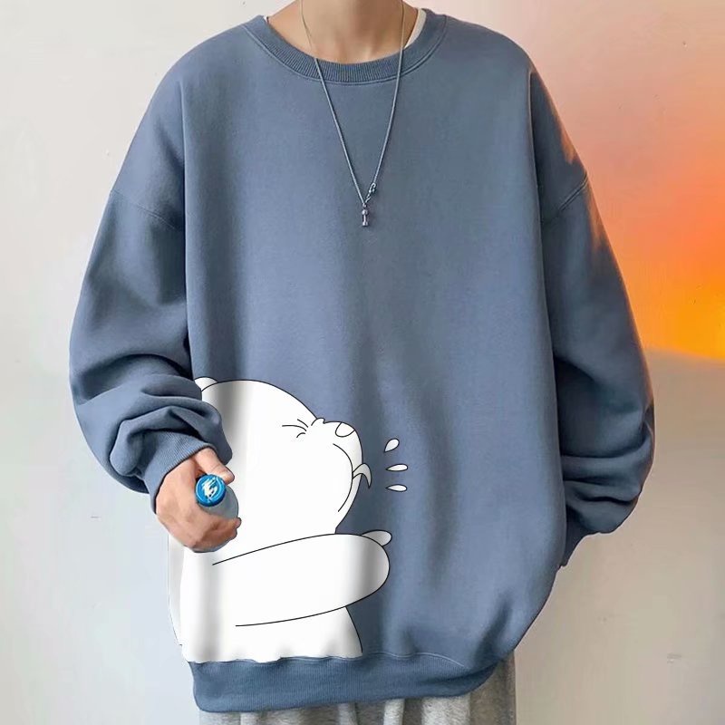 Áo sweater dáng rộng 45kg-110kg dài tay cổ tròn in hình gấu phối nhung nhiều màu cho nam nữ