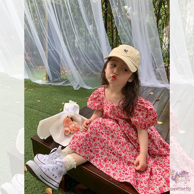 Đầm Công Chúa Tay Phồng Ngắn In Họa Tiết Hoa Dễ Thương Thời Trang Mùa Hè Phong Cách Hàn Quốc Cho Bé Gái