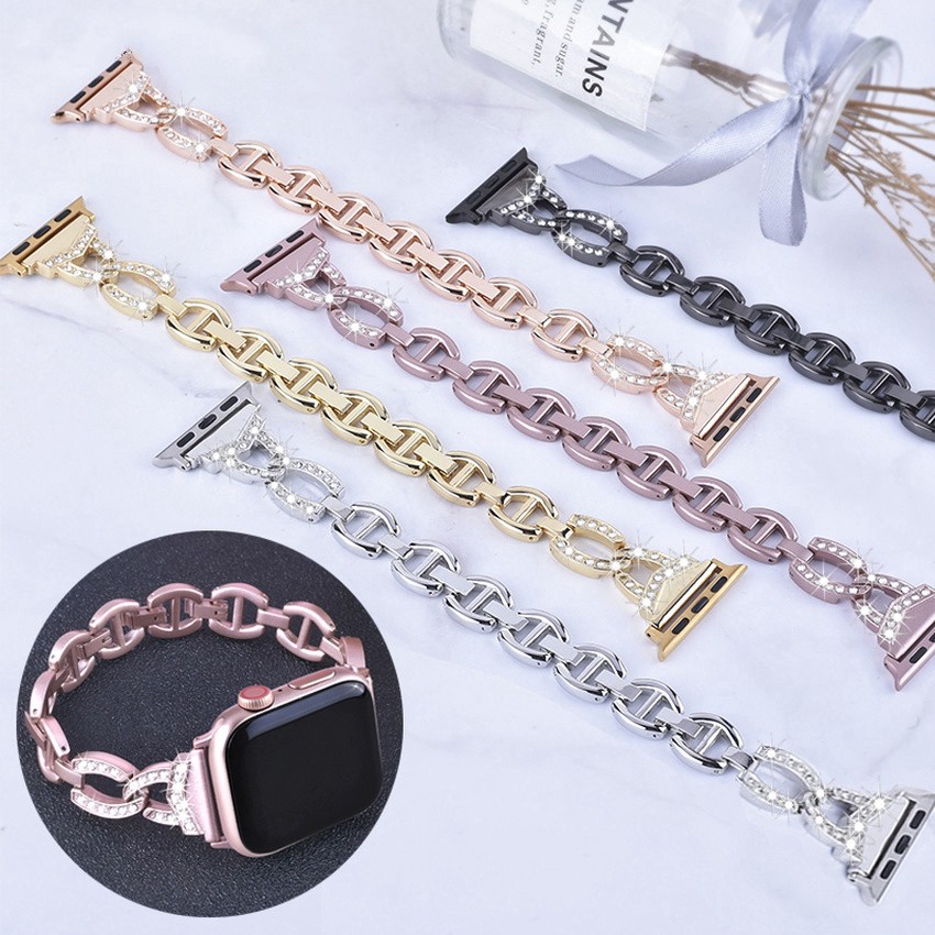Dây đeo thép không gỉ đính đá thích hợp cho Apple Watch 7 6 Se 5 4 3 2 Iwatch 41mm 45mm 44mm 42mm 40mm 38mm T500 W26