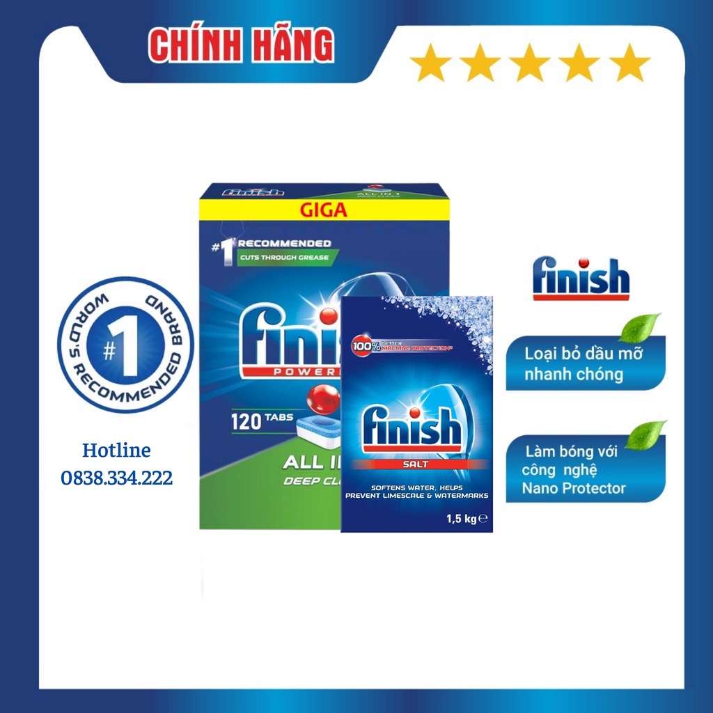 [HCM] Combo Viên rửa chén bát Finish All in one 120 viên + Muối Finish 1,5kg