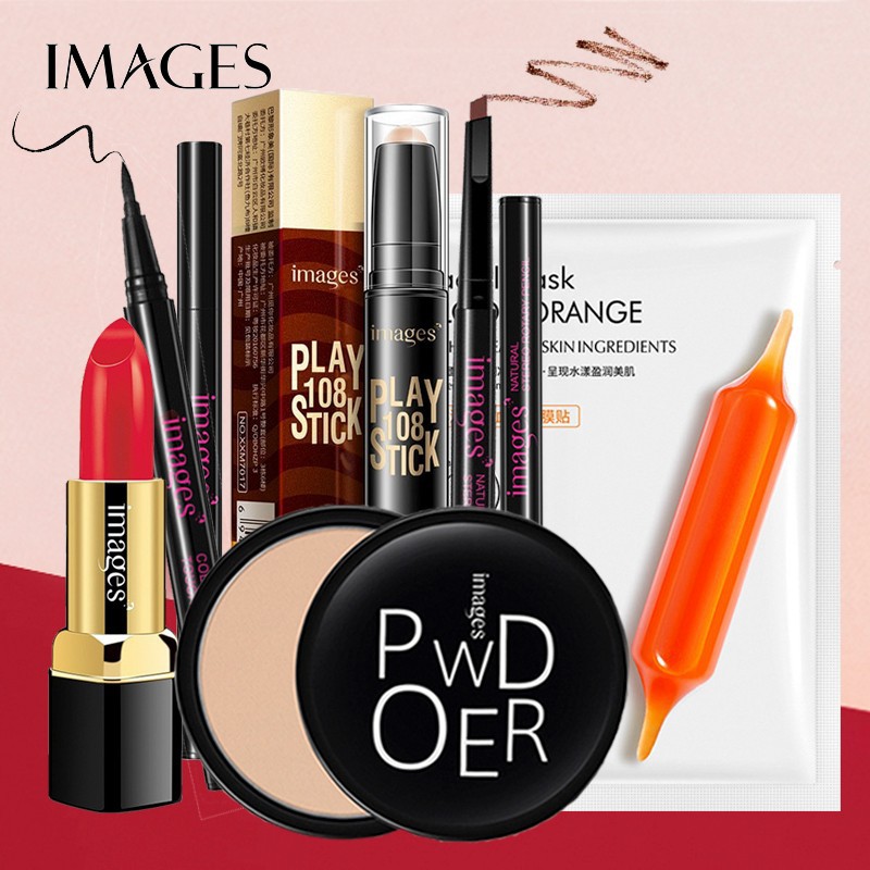 Bộ trang điểm IMAGES Phấn phủ siêu mịn + Son thỏi + Bút tạo khối 2 đầu + Chì kẻ mày + Bút dạ kẻ mắt + Mặt nạ ZD-BTD42