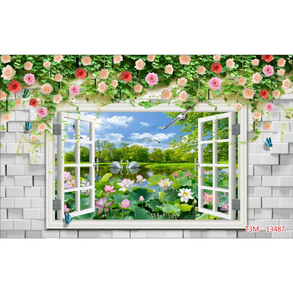 Decal tranh dán tường 3d khung cửa sổ phong cảnh trang trí phòng khách chất liệu decal pp keo sẵn bóc dán atk29