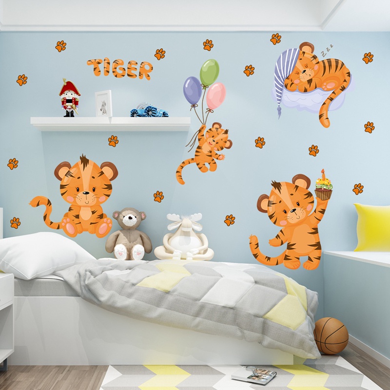 1 Set Giấy Dán Tường Vinyl Hình Con Hổ Hoạt Hình DIY Trang Trí Phòng Trẻ Em