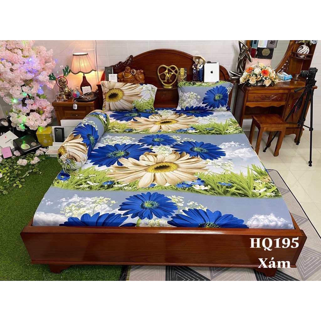 Bộ Drap Hoàng Kim 4 Món Thun Lạnh Họa Tiết Hoa 3D Lớn HQ195
