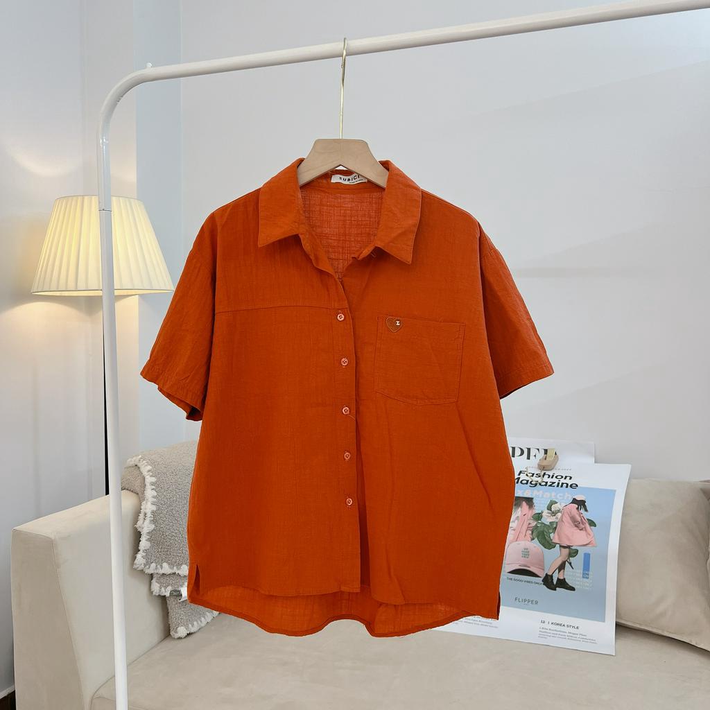 Áo Sơ Mi Nữ Tay Ngắn Nhiều Màu Phong Cách Hàn Quốc Thêu Trái Tim Cực Xinh Chất Liệu Linen Bột Nhẹ Mát SUBICI