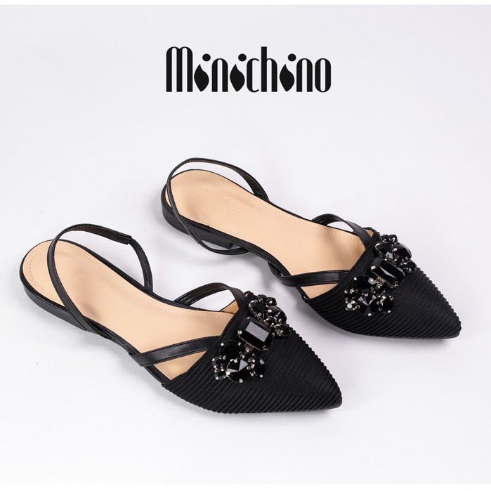 Giày sandal nữ đế bằng MINICHINO giày búp bê nữ khóa đá mũi nhọn hở gót phối dây màu đen TC049