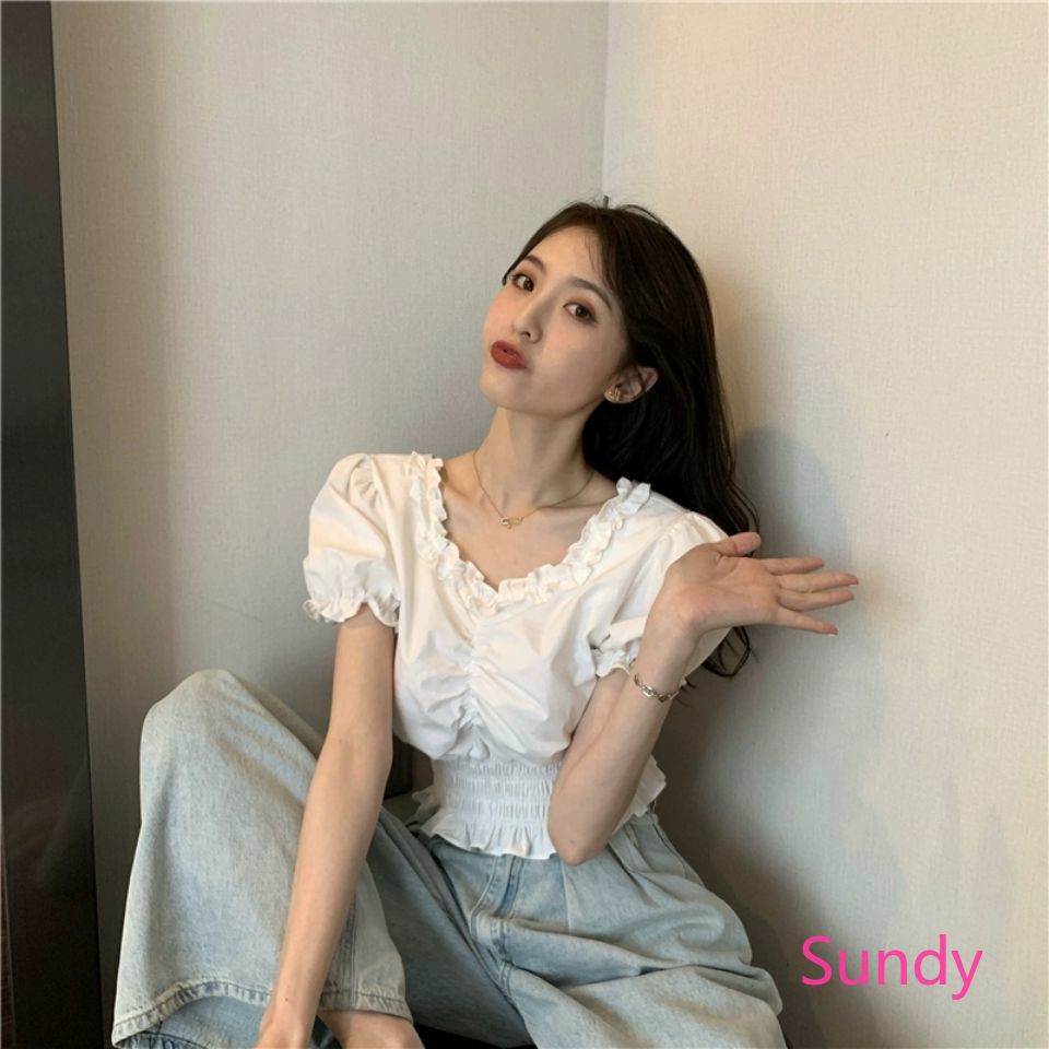 Áo Croptop Tay Phồng Cổ Chữ V Thời Trang Mùa Hè Cho Nữ