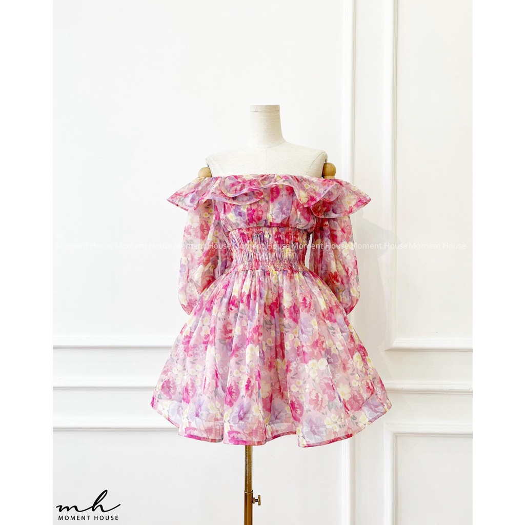 Đầm hoa xòe trễ vai , có tay , KIRA DRESS, may 2 lớp chuẩn xịn hàng thiết kế,form tùng xòe