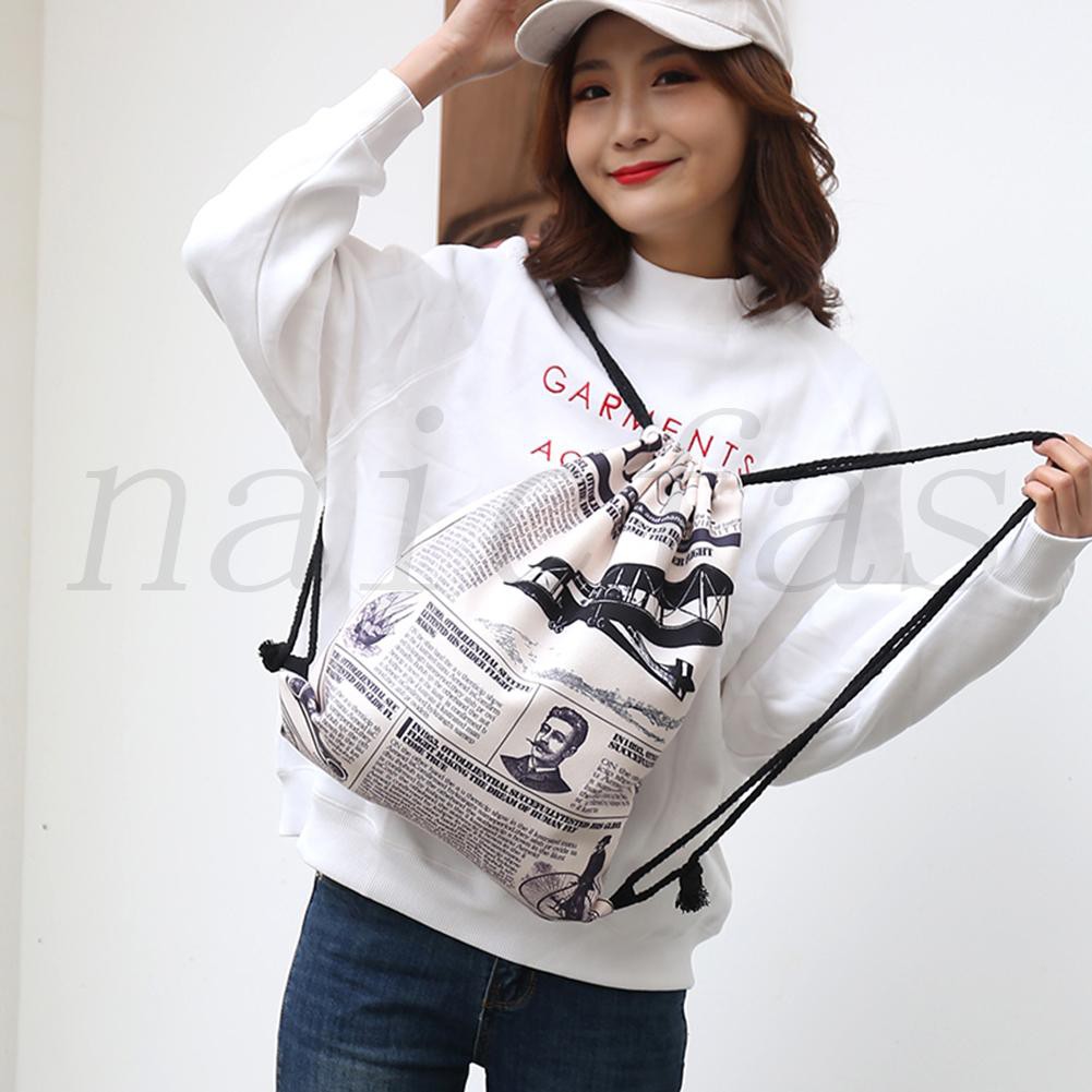 Naicfas Newspaper Print Shoulder Bag Outdoor Sport Pouch Travel Drawstring Backpack