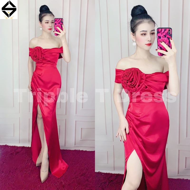 Đầm body dạ hội bẹt vai hoa hồng ngực siêu xinh TRIPBLE T DRESS - size M/L - MS385V