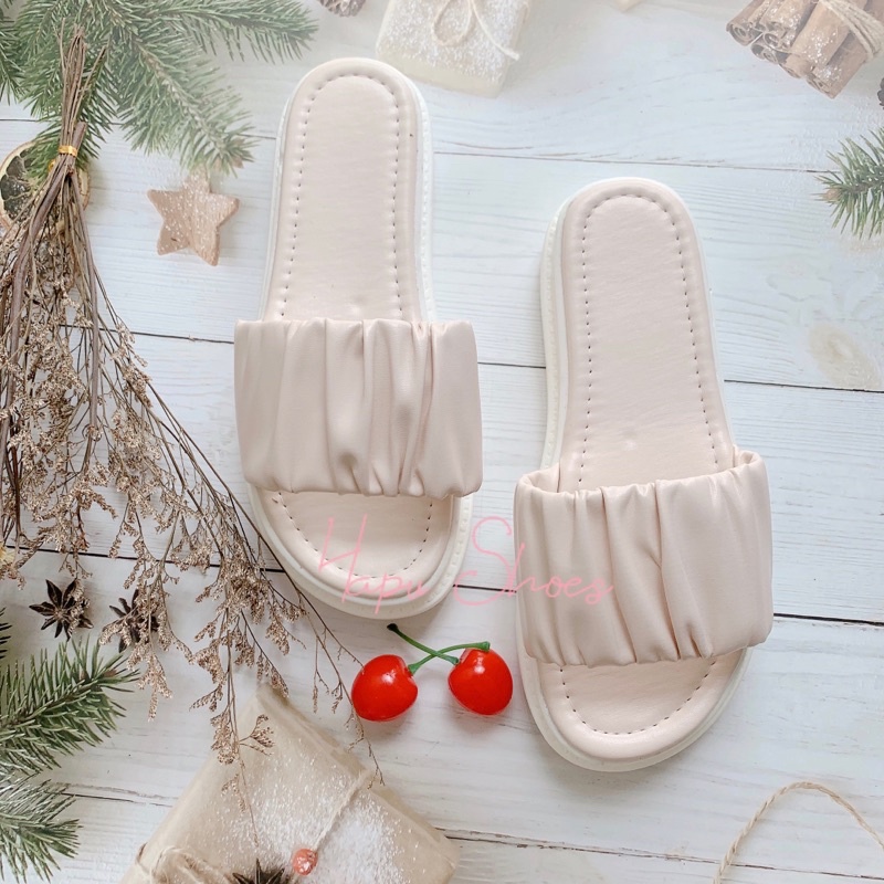 Dép nữ quai ngang da nhăn đế bánh mì siêu nhẹ cao 3cm, Dép thời trang nữ tiểu thư mới