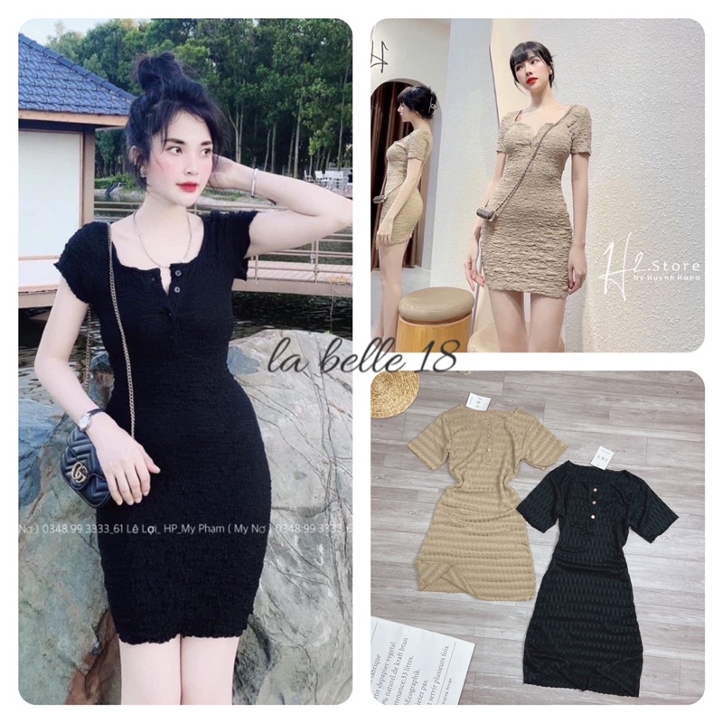 Váy body xốp len montoghi cổ tròn cúc ngực dáng ngắn Đầm ôm bó cộc tay