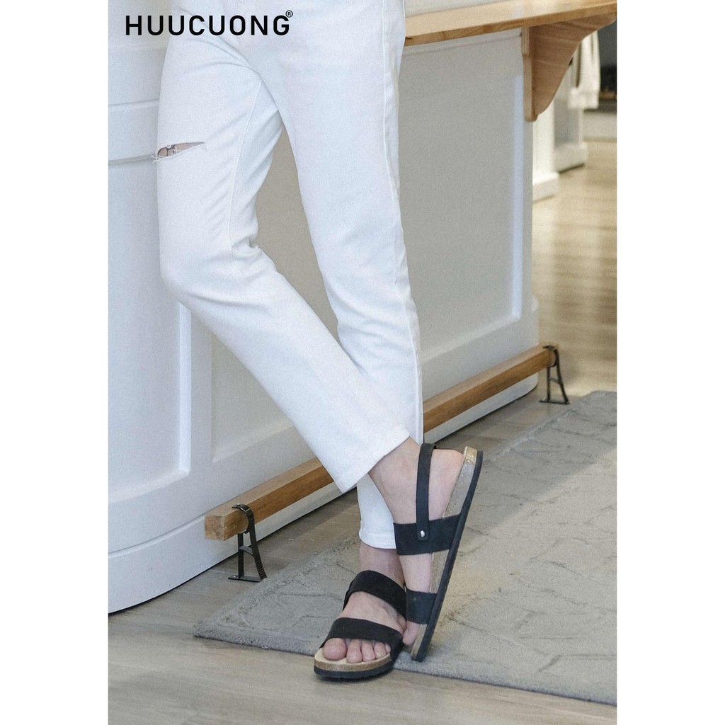 Giày Sandal Unisex HuuCuong 2 quai da bò đen đế trấu