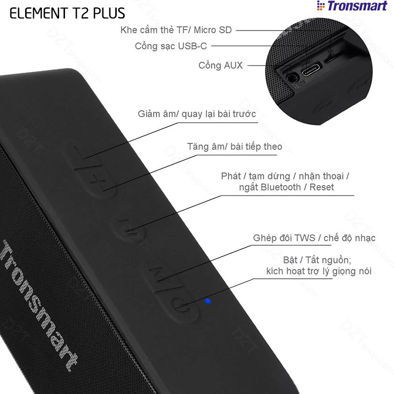 Tronsmart Element T2 Plus | BẢN NÂNG CẤP | Loa bluetooth 5.0/NFC, công suất 20W, kháng nước IPX7, 24 giờ hoạt động