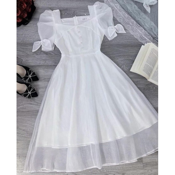 Đầm váy nữ voan 2 lớp họa tiết tay nơ đinh cườm ngọc tôn dáng trẻ trung sang trọng thanh lịch siêu xinh