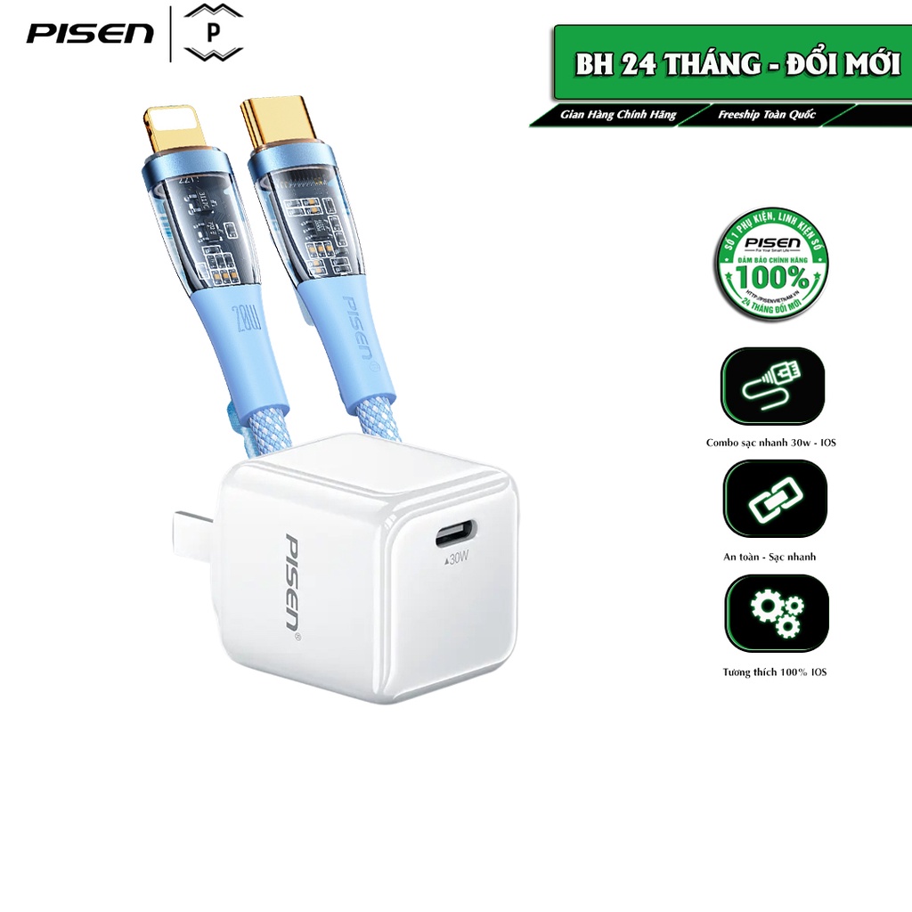 Combo sạc nhanh cao cấp Pisen Quick 30W Ice Crystal Rainbow,sạc nhanh, công suất sạc 30w kèm cáp trong suốt