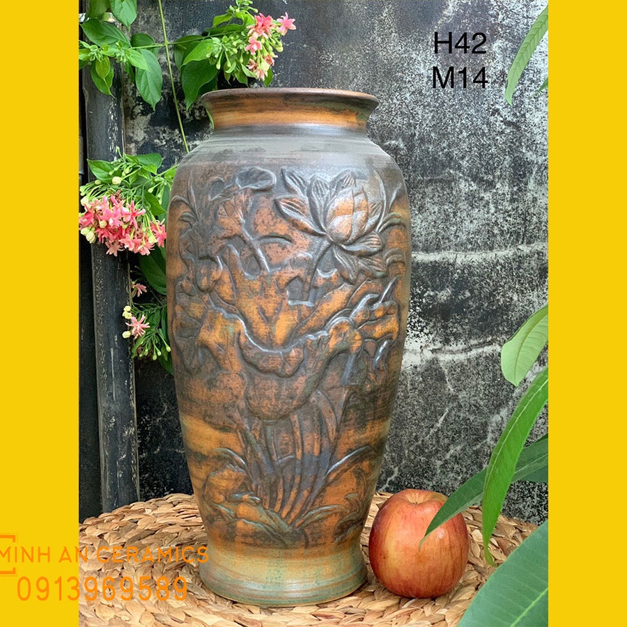 Bình hoa men mộc vẽ xoài nổi gốm Minh An Bát Tràng cao42cm, miệng 34 thích hợp cắm  hoa trang trí Tết
