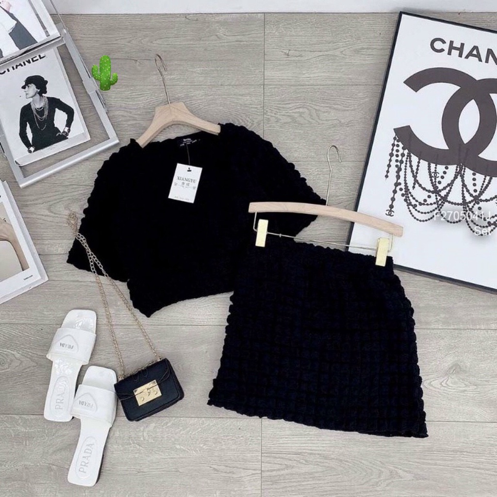 set bộ nữ, set kiểu áo croptop tay ngắn chân váy ngắn xốp to đẹp vp
