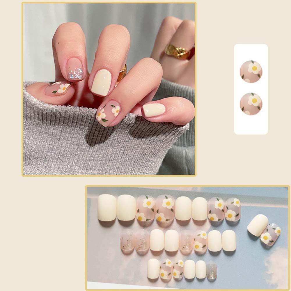 Bộ Móng Tay Giả Ngắn Hình Hoa Tulip / Lá Trà / Hoa Tulip Ngọt Ngào Có Thể Tháo Rời Cho Nữ