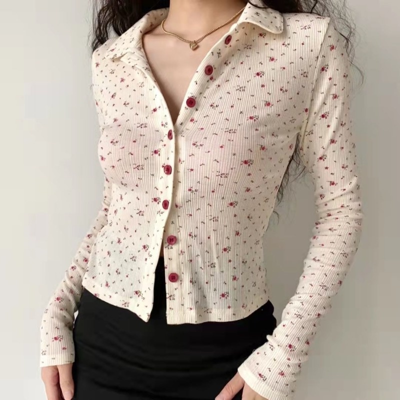 Áo Cardigan Tay Dài Cổ Bẻ Cài Nút In Họa Tiết Hoa Dễ Thương Dành Cho Nữ