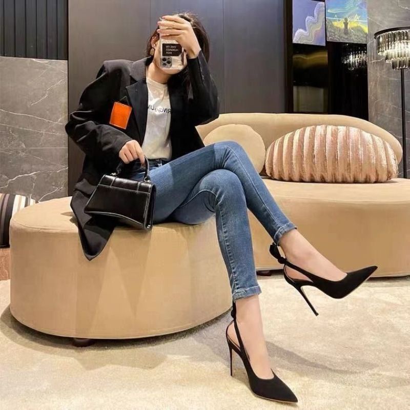 Guốc cao gót nữ giày hở gót cách điệu nơ sau tông đen basic hàng Quảng Châu cao cấp full box jumato G1.014.35