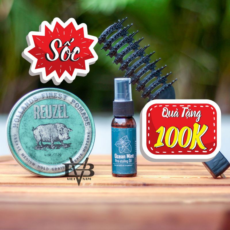 REUZEL GREEN POMADE - Pomade gốc dầu Pomade Reuzel Green 113g 4.oz  + Tặng lược tạo kiểu + Pre Styling Ocean Mint 30ML