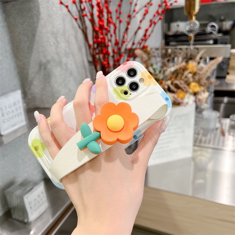 Ốp Điện Thoại Nén Khí Chống Sốc In Hình Hoa Nhỏ Màu Cam Có Dây Đeo Cổ Tay Cho iPhone12 11 xs 13pro xs