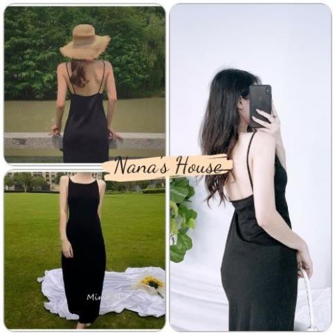 Váy 2s Midi Hở Lưng Nữ 🎁 Nana's House - FREESHIP 🎁 Đầm hai dây suông ôm body dáng dài màu đen basic 💃