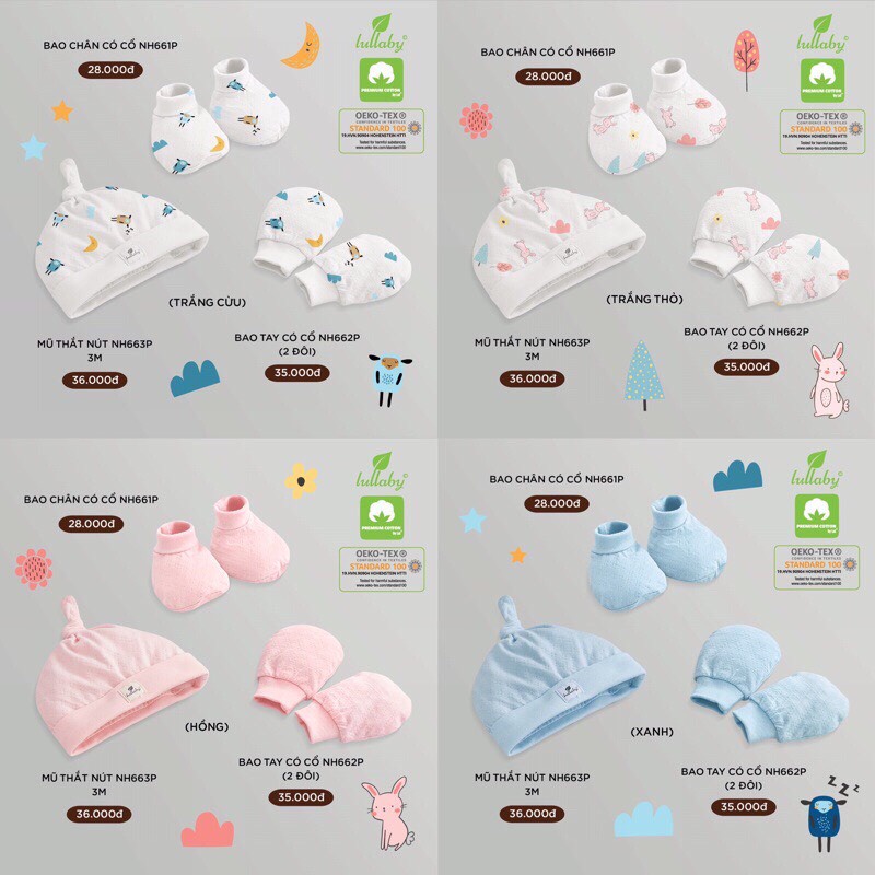 [FAFRINW05 giảm tối đa 30k đơn 150k]Mũ, bao tay bao chân họa tiết Lullaby NH663P