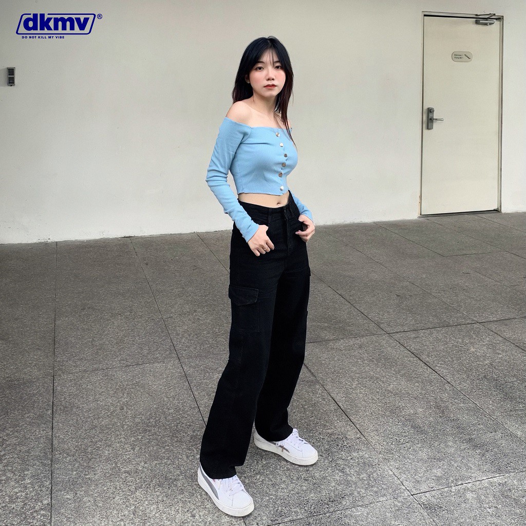 Quần Jean nữ túi hộp lưng cao ống rộng màu đen Don't Kill My Vibe | DKMV Black 2 Box Jean | BigBuy360 - bigbuy360.vn
