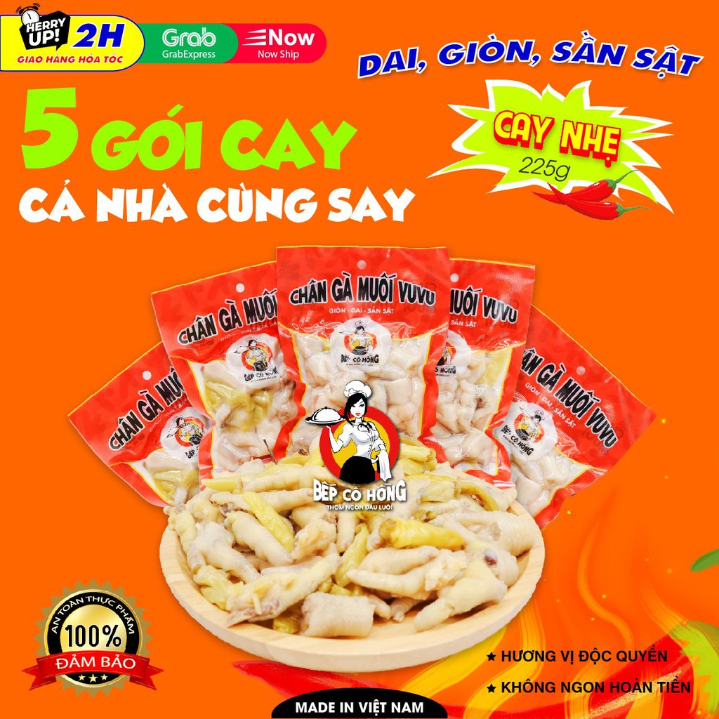 Chân Gà Cay Nhẹ VuVu Muối Ớt Xanh Đồ Ăn Vặt Bếp Cô Hồng Combo 5 Gói To 225g