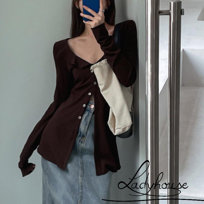 Áo Kiểu Cổ Chữ V Tay Dài Cài Khuy Màu Nâu Trơn Thời Trang Dành Cho Nữ