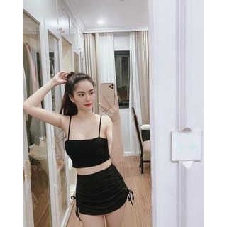 CHÂN VÁY NHÚN RÚT DÂY KÈM QUẦN TRONG LIỀN Đen - tập GYM AEROBIC HOT 2024 girlsold