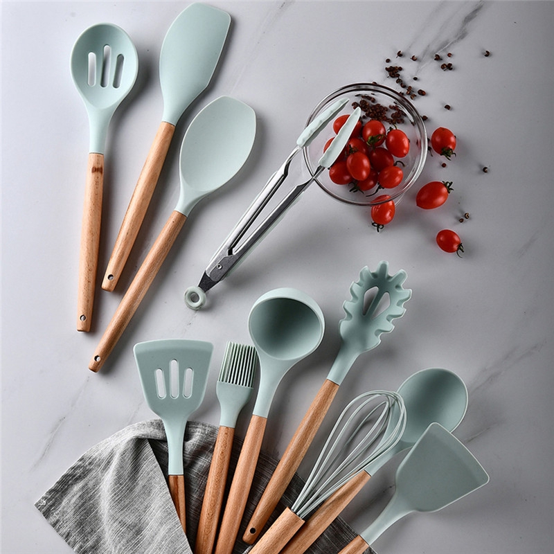 NA| Silicone Kitchen Cooking Utensils Natural Wood Handle Cooking Tools Turner Tongs Spatula Spoon with Organizer - Blue