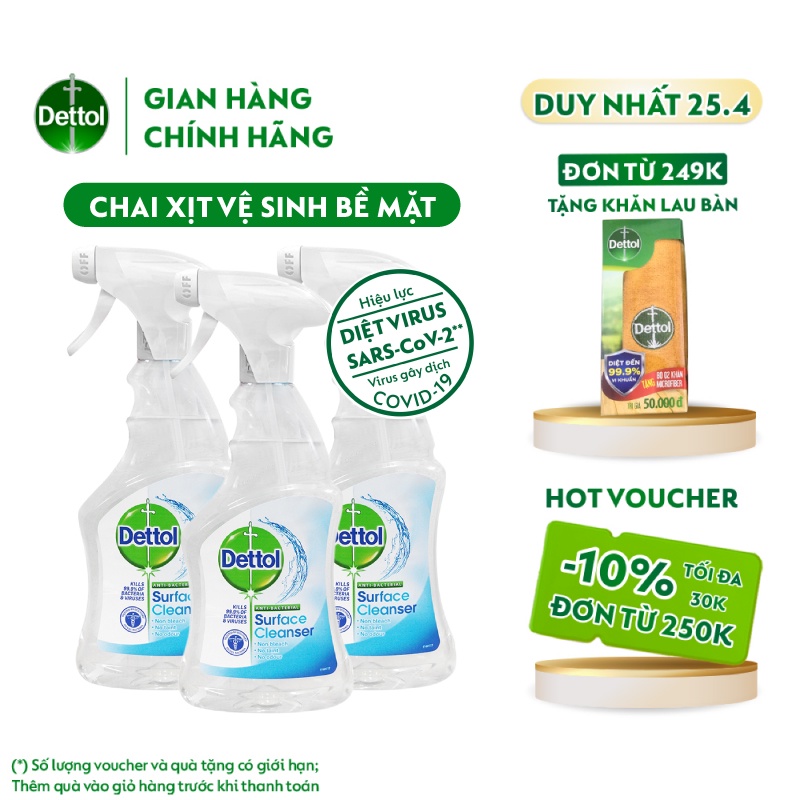 Combo 3 chai xịt bề mặt vệ sinh kháng khuẩn Dettol 500ml x 3