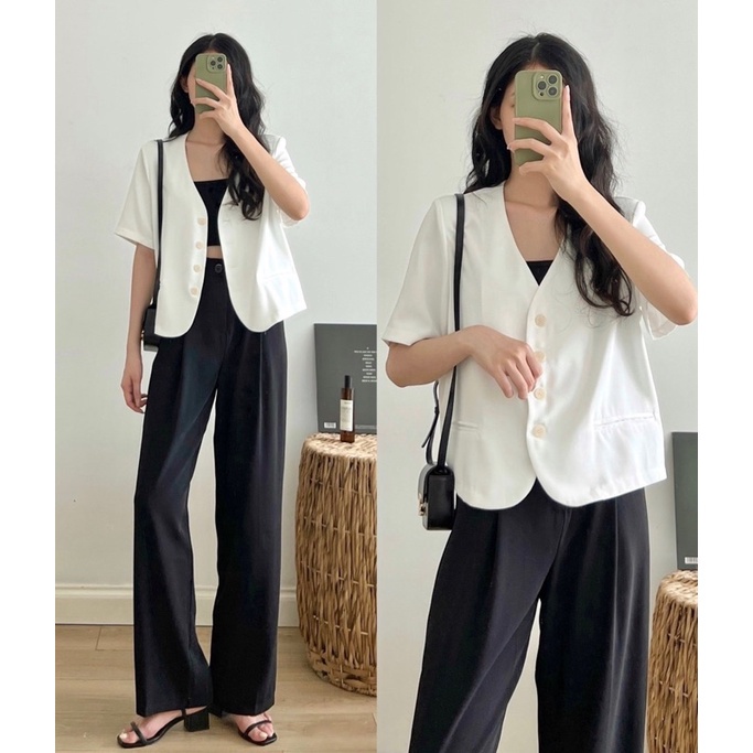 Áo Khoác Nữ Blazer Tay Ngắn Màu Trắng Màu Đen Cộc Tay Nữ Sang Chảnh, Chất Vái Cotton Lạnh Đứng Phom | WebRaoVat - webraovat.net.vn